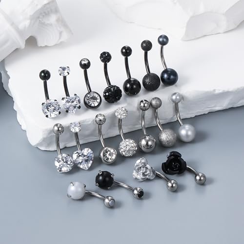 Vsnnsns 14G Belly Button Ring Piercing Jewelry 316L Stainless Surgical Steel Heart CZ Pearl Butterfly Flower Navel Rings Dangle Belly Button Ring Navel Piercing Jewelry for Women Men Hypoallergenic - color: Silver&Black