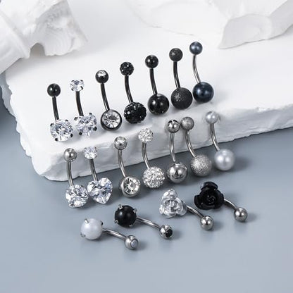 Vsnnsns 14G Belly Button Ring Piercing Jewelry 316L Stainless Surgical Steel Heart CZ Pearl Butterfly Flower Navel Rings Dangle Belly Button Ring Navel Piercing Jewelry for Women Men Hypoallergenic - color: Silver&Black