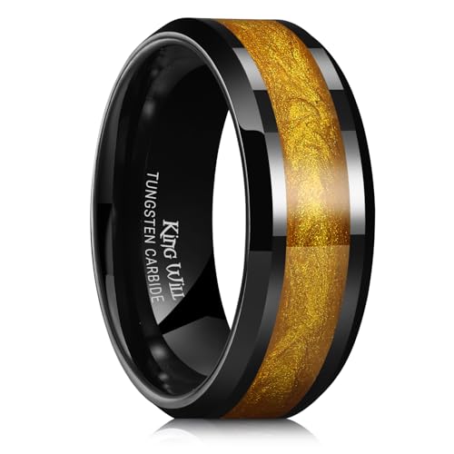 King Will Mens Galaxy Tungsten Wedding Band | 6mm/8mm, Beveled Edge, Comfort Fit, Durable, Sandstone Opal Inlay Polished, Everyday Wear - color: Black&Gold