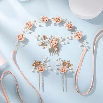Wedding Hair Accessories Hair pieces Set Crystal bridal hair pins Rhinestone Pearl hair comb Brides and Bridesmaids, Girls, Women(（4PCS/SET PINK) - color: pink
