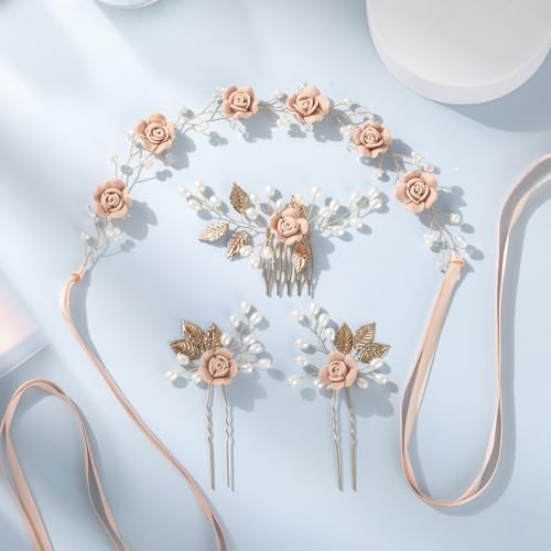 Wedding Hair Accessories Hair pieces Set Crystal bridal hair pins Rhinestone Pearl hair comb Brides and Bridesmaids, Girls, Women(（4PCS/SET PINK) - color: pink