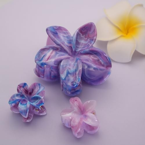 Flower Hair Clips for Women Girls Claw Clips Set Blue-Purple Plumeria with Marble Design Barrettes Summer Hair Clip Fashion Hair Styling Accessories for Thick Thin Hair(3Pcs:1 Large 2 Small) - color: Blue-Purple