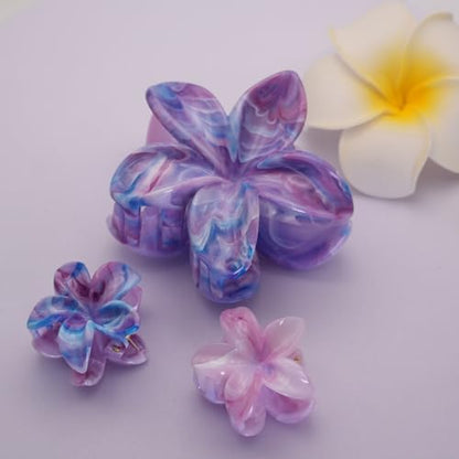 Flower Hair Clips for Women Girls Claw Clips Set Blue-Purple Plumeria with Marble Design Barrettes Summer Hair Clip Fashion Hair Styling Accessories for Thick Thin Hair(3Pcs:1 Large 2 Small) - color: Blue-Purple