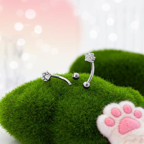 2Pcs Cat Paw Gold Eyebrow Rings Rook Piercing Jewelry 16G 6mm 8mm Threaded Cartilage Tragus Earrings 316L Stainless Steel Paw Prints Vertical Labret Lip Piercing Jewelry - color: Silver, size: 16 gauge(1.2mm)-6mm