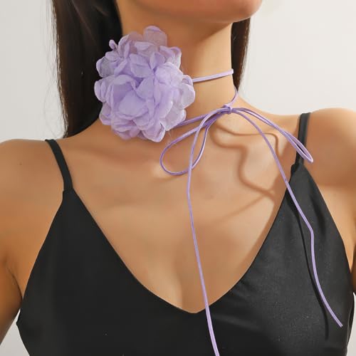 Rose Black Velvet Floral Choker Necklace - Camellia Daisy Rosette - Spring Summer Flower Jewelry - color: Purple