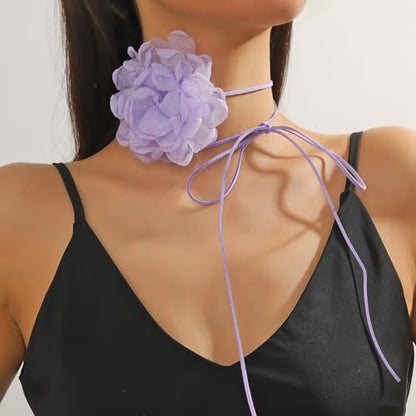 Rose Black Velvet Floral Choker Necklace - Camellia Daisy Rosette - Spring Summer Flower Jewelry - color: Purple