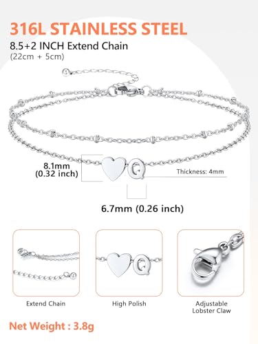 Ankle Bracelets for Women Waterproof 14K Gold/Silver/Black Initial Anklet for Women Dainty Layered Heart Ankle Bracelets Stainless Steel Adjustable Foot Chain Anklet Summer Beach Jewelry - color: Q-Silver