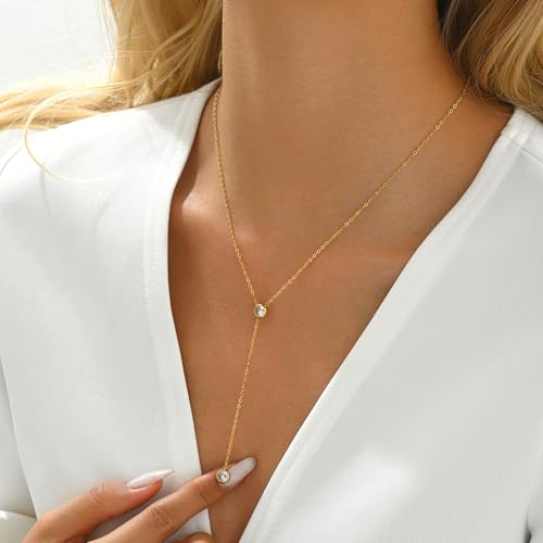 Dainty 18K Gold Plated Lariat Necklace for Women Delicate Y Chain Rose Pearl Diamond Long Drop Necklace Layering Bridal Jewelry Gift - color: 2 CZ-Gold