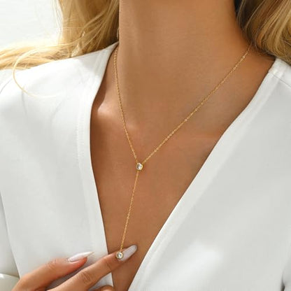 Dainty 18K Gold Plated Lariat Necklace for Women Delicate Y Chain Rose Pearl Diamond Long Drop Necklace Layering Bridal Jewelry Gift - color: 2 CZ-Gold
