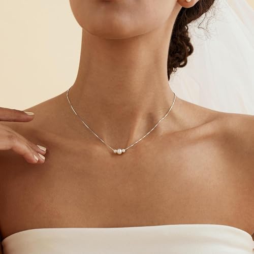 Gold Pearl Necklaces for Women Trendy, 14K Gold Plated Dainty Necklace Simple Layered Pearl Necklaces for Women Trendy Wedding Birthday Jewelry - color: 2-Silver Three Pearl