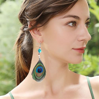 Peacock Feather Earrings for Women Native Handmade Lightweight Long Peacock Feather Boho Hook Earring Prom Party Festival Jewelry - color: Turquoise