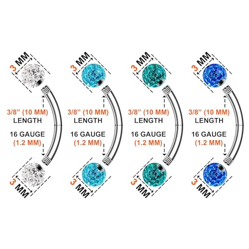 Surgical Steel Curved Barbell Ring 16g 5/16 8mm 3mm Ferido Ball Helix Earring Eyebrow Piercing Jewelry Choose Colors and Size - color: H-8pcs-Blue-16g-3/8"(10mm)-3mmBall
