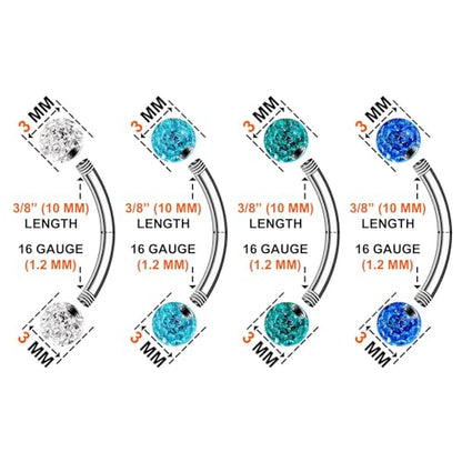 Surgical Steel Curved Barbell Ring 16g 5/16 8mm 3mm Ferido Ball Helix Earring Eyebrow Piercing Jewelry Choose Colors and Size - color: H-8pcs-Blue-16g-3/8"(10mm)-3mmBall