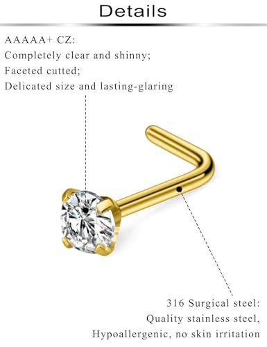 8Pcs Nose Rings Studs 14K Gold Filled Surgical Steel L-Shape Nose Rings for Women 1.5/2mm/2.5mm/3mm Cubic Zirconia Nostril Screw Studs Hypoallergenic Nostril Piercings 20g 18g - color: 8pcs,20g,mix color,L-shpaped