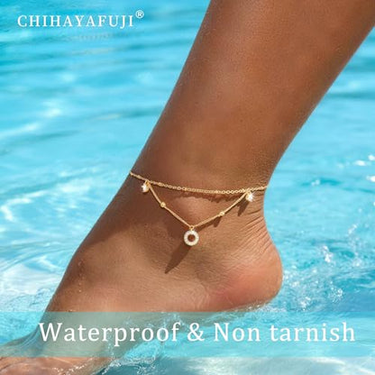 Sterling Silver Ankle Bracelets for Women 14k Gold Plated Waterproof Layered Stackable CZ Charm Non Tarnish Adjustable Anklet for Summer Beach Birthday Jewelry Gift - color: gold E