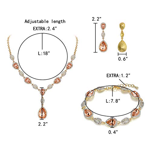 EleQueen Women's Wedding Bridal Jewelry Sets for Brides Bridesmaids, Cubic Zirconia Teardrop Necklace Tennis Bracelet Dangle Earrings Jewellery Set - color: 09-Champagne Color Gold-Tone