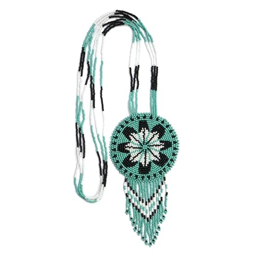Handmade Native American Style Tribal ethnic Seed Bead Beaded Layered Medallion Necklace - color: Turquoise Star