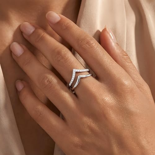 Gelbesty Silver Plated Chevron Ring for Women, Stackable V Shaped Curved Wedding Band 2Pcs Set, Pave CZ Wishbone Ring Enhancer Fits Pear & Solitaire Engagement Rings Jewelry Gift Size 6 7 8 9 10 11 - size: 6