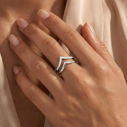 Gelbesty Silver Plated Chevron Ring for Women, Stackable V Shaped Curved Wedding Band 2Pcs Set, Pave CZ Wishbone Ring Enhancer Fits Pear & Solitaire Engagement Rings Jewelry Gift Size 6 7 8 9 10 11 - size: 7
