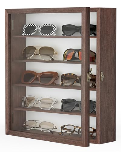 TJ.MOREE Sunglass Organizer Wall Mounted Glasses Holder Display Case 5 Tier | 13 x 15 inches Wooden Storage Box for Multiple Pairs Eyeglasses Sports Sunglasses - color: Brown, size: 5-Tier