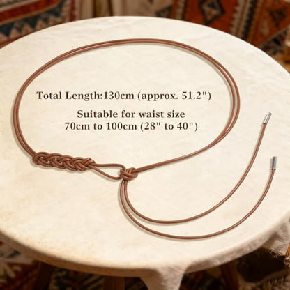 Women's Knotted Thin Waist Belt PU Leather Skinny Belts for Dresses Pants - color: Plaited Hair-brown
