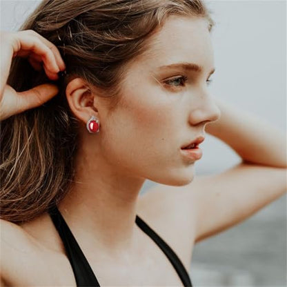 Jade Oval Stud Earrings for Women Good Luck Handmade Earrings Dainty Green Birthstone Crystal Earrings Unique Minimalism Jewelry Gift for Birthday Anniversary - color: Red