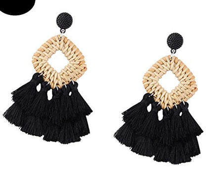 Bohemia Tassel Earrings Statement Handmade Dangle Ethnic Fringe Earrings Bamboo Weaving Geometric Square Sector Gifts for Women - color: C black