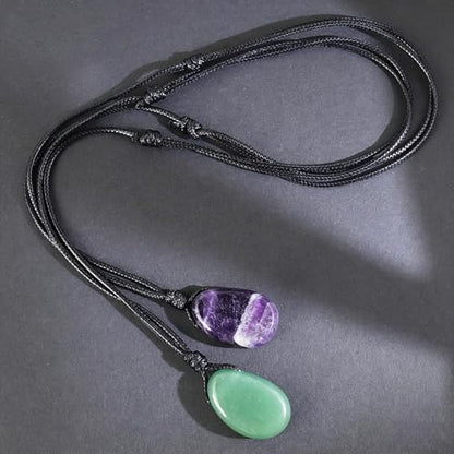 Natural Gemstone Pendant Necklace Healing Crystal Stone Choker Necklace Adjustable Waxed Black Rope for Men - color: 2pcs(Amethyst+Green Aventurine)