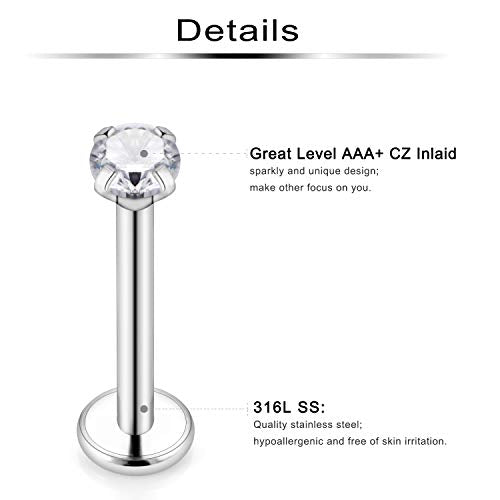 10pcs 16g 316L Stainless Steel Lip Ring 3mm Cubic Zirconia Labret Studs Monroe Cartilage Tragus Helix Earring Piercing Jewelry 8mm Bar Length for Women Men - color: 16g/10pcs/silver-tone