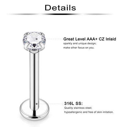 10pcs 16g 316L Stainless Steel Lip Ring 3mm Cubic Zirconia Labret Studs Monroe Cartilage Tragus Helix Earring Piercing Jewelry 8mm Bar Length for Women Men - color: 16g/10pcs/silver-tone