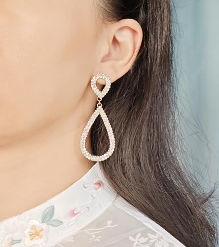 Rhinestone Teardrop Dangle Earrings Sparkly Wedding Jewelry - color: Gold