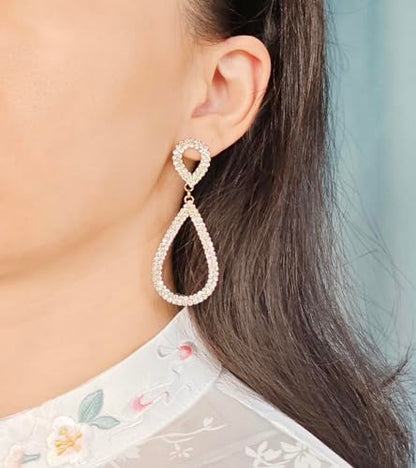 Rhinestone Teardrop Dangle Earrings Sparkly Wedding Jewelry - color: Gold