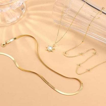 Kakonia Layered Gold Necklaces for Women, 3-Piece Gold Necklace Stack | 14K gold plated pendant necklace set, 3 dainty gold chains, trendy jewelry for women, ideal for weddings, proms or gifting - style: Sun Pendant