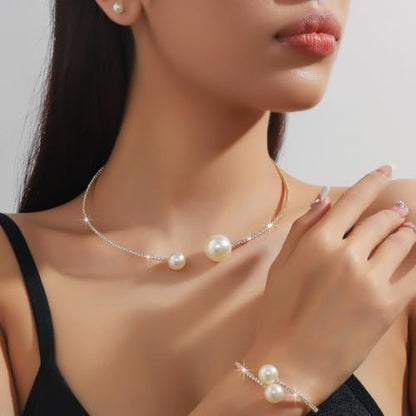 Gold Jewelry Set for Prom,Pearl Necklace Earrings Bracelet Crystal Bridal Wedding Prom Dresses Costume Jewelry Accessories Rhinestone Bridal Jewelry Set for Women - color: Gold Pearl
