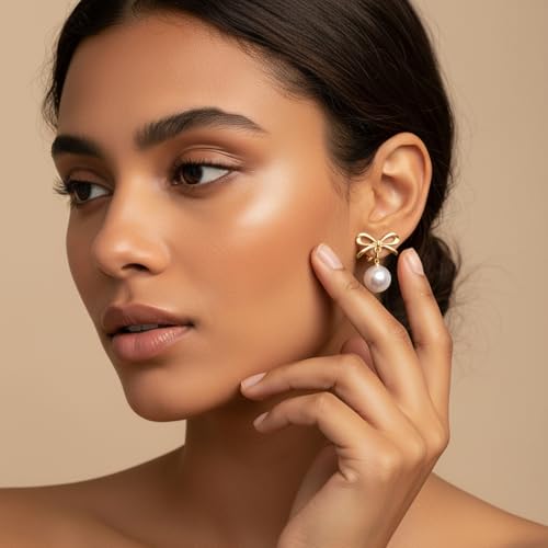 Lusofie Gold Pearl Clip On Earrings for Women Bow Pearl Drop Clip Earrings | Lightweight Non Pierced Hoop Ear Clips for Wedding Bridal