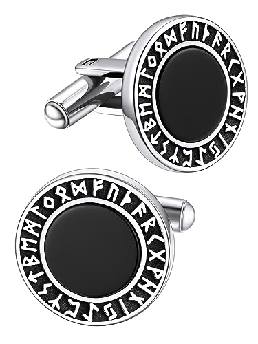 FaithHeart Mens Cufflinks, Norse Viking Tuxedo Shirt Cuff Links, Stainless Steel Cuff Links and Shirt Studs, Gift Box - style: 03. Black Onyx-Silver
