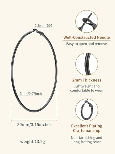 FindChic Thin Hoop Earrings for Women,Silver/Black/Gold Plated 20-100mm - color: Black, size: 80mm