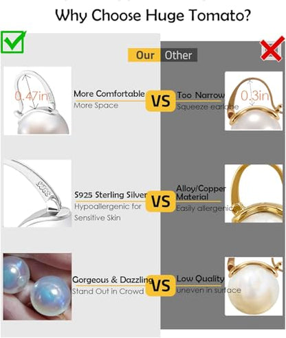 HUGE TOMATO Elegant 925 Sterling Silver Pearl Drop Earrings for Women, 14K Gold Plated Dangle Stud Earrings, Hypoallergenic Large Pearl Hoop Earring dangling 12mm - color: White