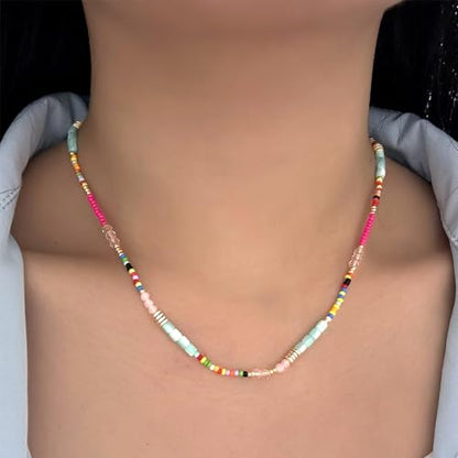 Gold Seed Beaded Necklaces for Women, Boho Handmade Adjustable Colorful Beads Choker Summer Beach Jewelry Gift. - color: Jade Bead