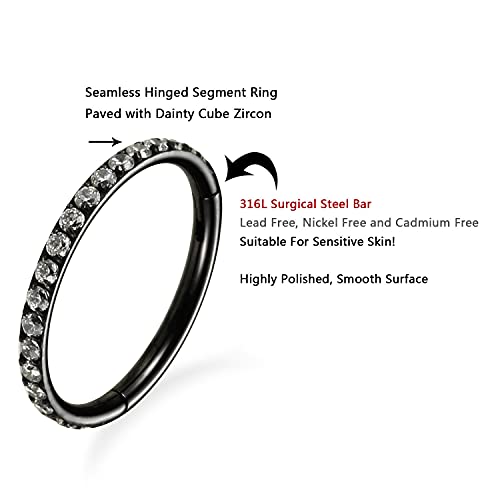 FUNLMO 20G 18G 16G 12G Nose Ring Hoop Conch Rook Daith Helix Tragus Piercing Jewelry 316L Surgical Steel Cartilage Earring Conch Hoop Earring Septum Jewelry Belly Lip Ring 5mm to 14mm - color: Black-Clear CZ, 1pc
