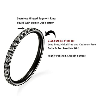 FUNLMO 20G 18G 16G 12G Nose Ring Hoop Conch Rook Daith Helix Tragus Piercing Jewelry 316L Surgical Steel Cartilage Earring Conch Hoop Earring Septum Jewelry Belly Lip Ring 5mm to 14mm - color: Black-Clear CZ, 1pc