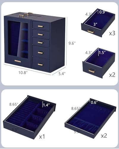 Homde Large Jewelry Box/Organizer/Case with Glass Window, Drawers for Necklaces Earrings Rings Bracelets Watches Gift for Women Girls - color: Dark Blue
