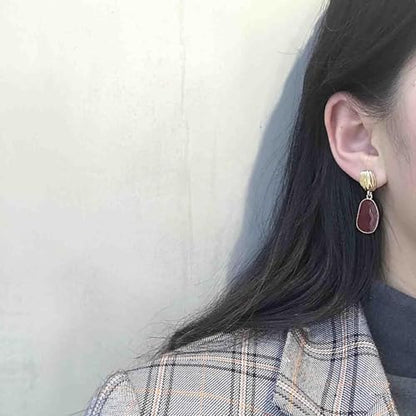 Vintage Oval Enamel Burgundy Earrings Gold Hammered Disc Stud Earrings Enamel Red Drop Earrings Irregular Burgundy Dangle Earrings Red Acrylic Geometric Earrings Jewelry for Women