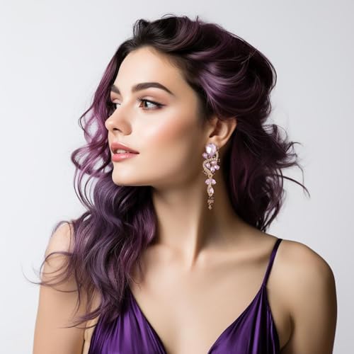 Fashion Rhinestone Statement Drop Dangle Earrings Long Colorful Crystal Bridal Wedding Teardrop Chandelier Earrings for Women Prom Pageant - color: Purple