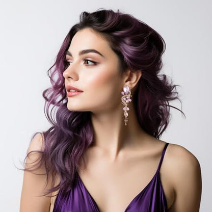 Fashion Rhinestone Statement Drop Dangle Earrings Long Colorful Crystal Bridal Wedding Teardrop Chandelier Earrings for Women Prom Pageant - color: Purple