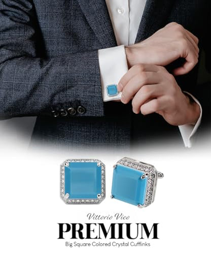 Large Big Square Crystal Color Stone Cuff Links for Men – Tuxedo Suit Accessories, Cufflinks for Men - style: Matte Sky/Silver