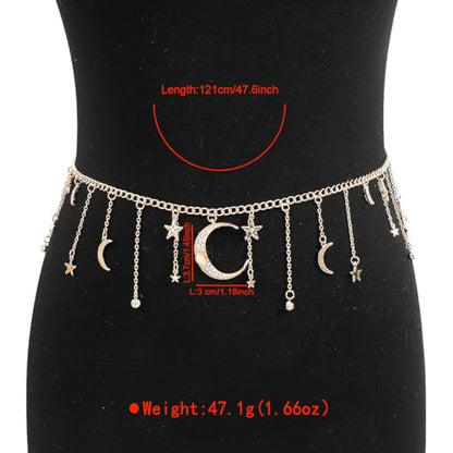 Moon Star Waist Chain for Women Gold/Silver Plated Metal Tassel Waist Chain Women Adjustable Bohemia Body Link Belts Body Belly Jewelry for Jeans Dresses - color: Gold