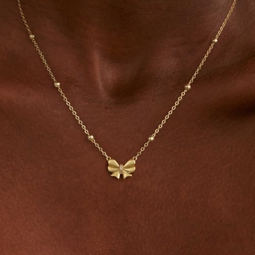 Thaivor Necklace for Women Dainty Bow Necklace 14K Gold Plated Cute Choker Small Pendant Charm Necklaces Teen Gift Trendy Stuff Personalized Jewelry Gifts - color: Gold-Bead-3