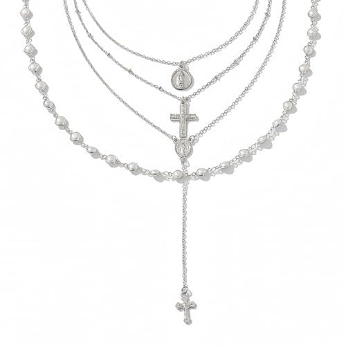 Silvery Layered Necklace for Women, Y Necklace with Cross Pendant, Dainty Stackable Jewelry Gift for Everyday Wear - style: 4PCS - Maria&Cross&Cross Y Chain&Pearl Chain
