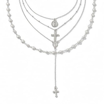 Silvery Layered Necklace for Women, Y Necklace with Cross Pendant, Dainty Stackable Jewelry Gift for Everyday Wear - style: 4PCS - Maria&Cross&Cross Y Chain&Pearl Chain